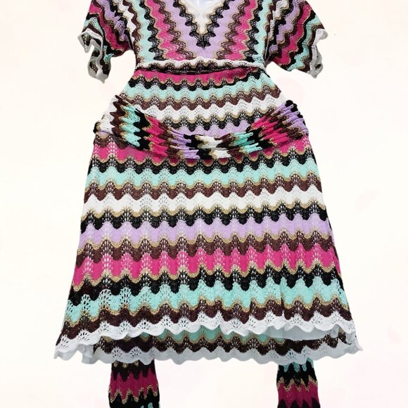 Guess Vintage Zig Zag Stretchy Metallic Gold Knit Fabric Belt Mini Dress Size S - Picture 9 of 16